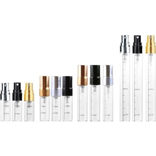 2.5ml 3ml 5ml 10ml Clear Scale Perfume Glass Bottle Black Gold Silver Lid Parfum Spray Atomizer Empty Cosmetic Packaging 50pcs