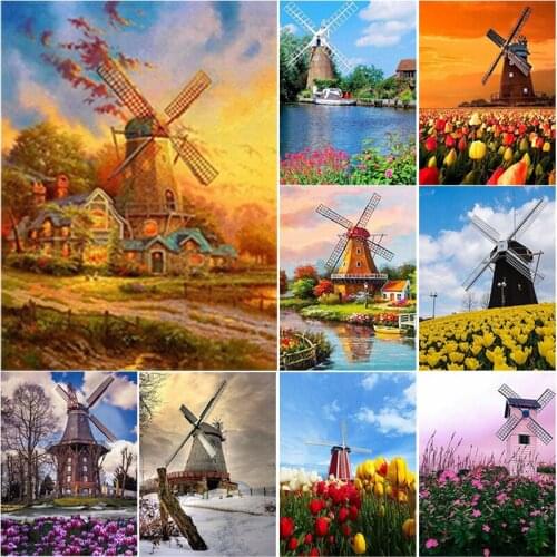 5D DIY Scenery Diamond Painting Windmill Flower Diamond Embroidery Cross Stitch Full Square Round Drill Manual Gift Home Decor