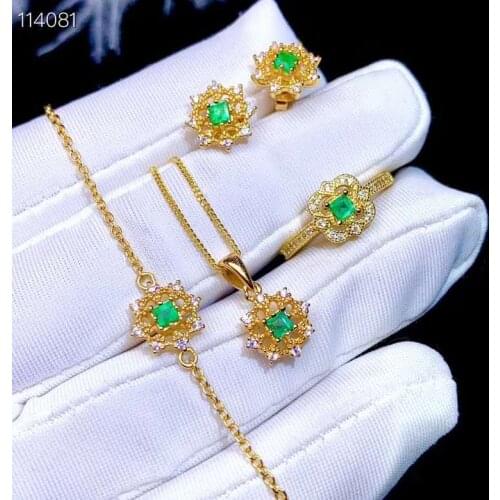 925 Silver Jewelry set Natural emerald Pendant Earring Ring sets Women Jewelry