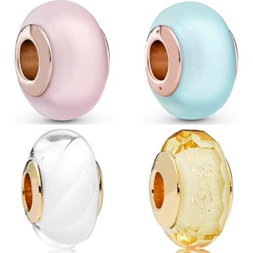 White Waves Golden Faceted Matte Blue & Pink Murano Glass Charm 925 Sterling Silver Beads Fit Europe Bracelet DIY Jewelry