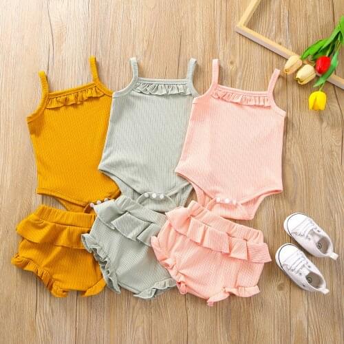 Hot New Summer Casual Baby Girls Clothing Set Solid Color Ribbed Cotton Sleeveless Rompers+Ruffle Shorts 2PCS Toddler Suit