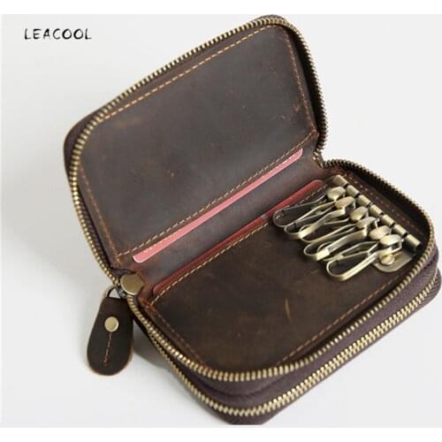 LEACOOL Genuine Leather Key Wallet Keychain Covers Double Deck Key Case Bag Men Key Holder Housekeeper Keys Organizer