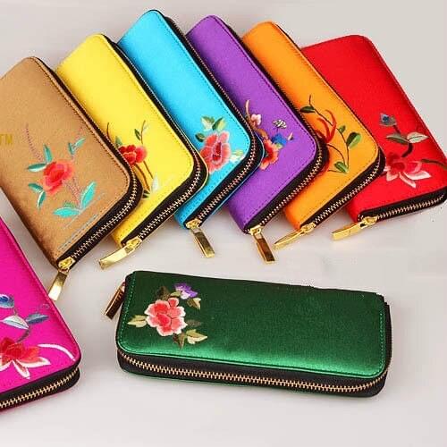 Lots10pcs Chinese Hademade Silk Embroidered Flower Zipper Women Wallet Handcraft Gift