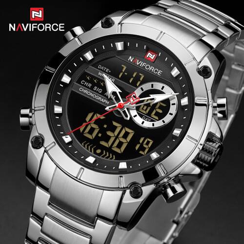 NAVIFORCE Silver Stainless Steel Men Army Military Dual Display Quartz Led Clock Male Waterproof Watches relogio masculino 9163