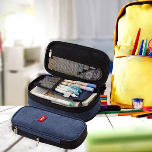 Cute Canvas Pencil Storage Box Pouch Macaron Color Zipper Double Layer Large Capacity Pencil Case Kids School Stationery