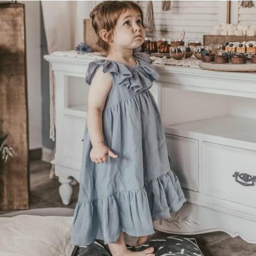 Baby Girls Dress Summer Solid Color Cotton Linen Ruffles A-Line Princess Long Dresses Children Casual Beach Kids Clothes Skirt
