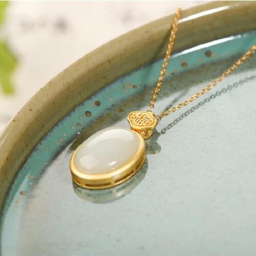 S925 Sterling Silver Inlaid Natural Hetian Jade Pendant Blessing Character Retro Palace National Style Female Pendant