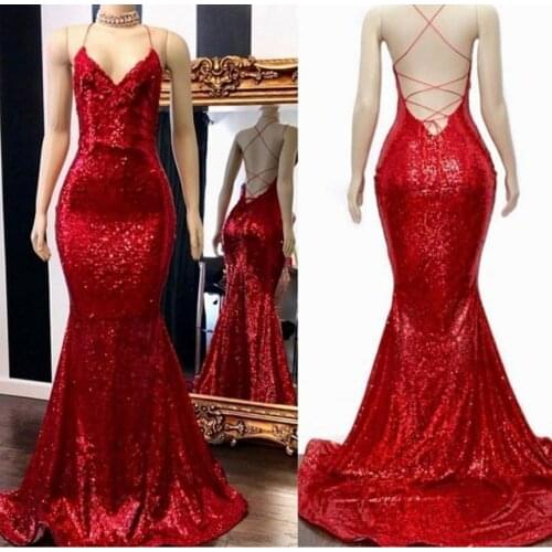 Sexy Sequined Red Evening Dresses Long Mermaid Floor Length Criss Cross Back Abendkleider Robes de Soirée for Women