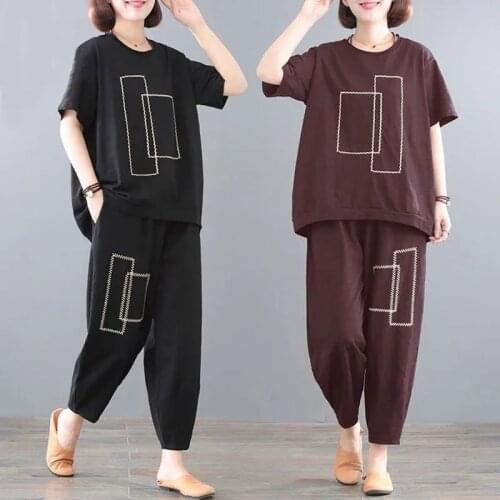 Plus Size Tracksuit 2 Piece Set Women 2021 Summer Loose Casual Sportswear Short Sleeve Tops + Harem Pants Set Joggers Sweatsuit