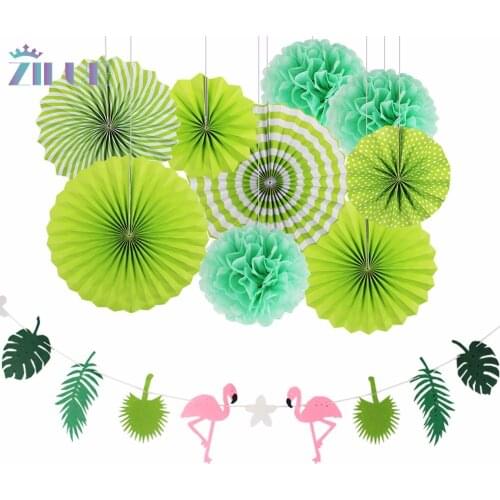 Zilue 10pcs Green Leaves Paper Flower Fan Birthday Party Decor Flamingo Garland Hawaii party decoration Home Festival Supplies