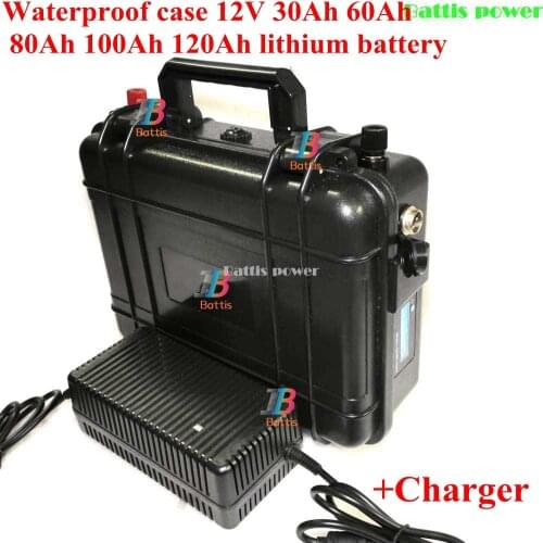 Waterproof case 12V 30Ah 60Ah 80Ah 100Ah 120Ah lithium battery pack for Outdoor portable power supply +charger