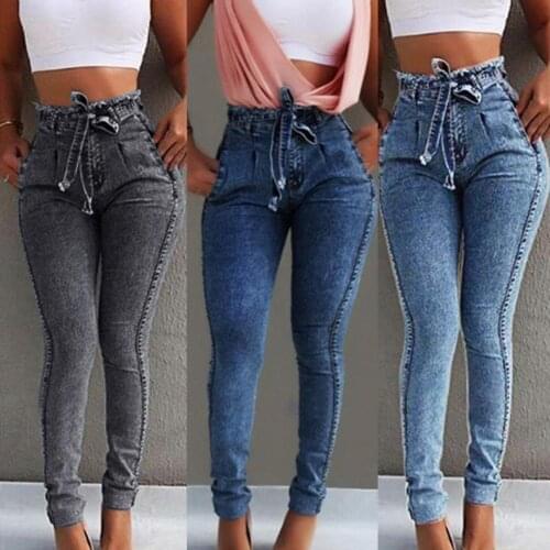 High Waist jeans Slim Skinny Elastic Denim jeans pants MultiPockets Women Jeans Slim Tassel Bandage Push Up Denim Pants Trousers