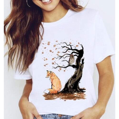 Women Graphic Fox Watercolor Printing Style Cartoon 90s Animal 90s Lady Clothes Tops Clothing Tees Print Female Tshirt T-Shirt