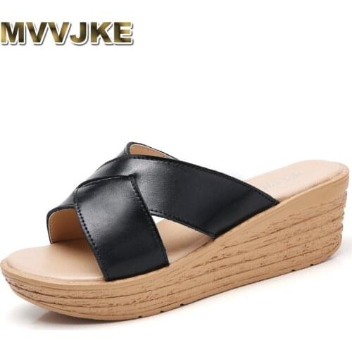 MVVJKE Summer Women Slippers 2019 New Casual Genuine Leather Wedges Shoes Comfortable Flip Flops Sandalias Ladies Slip-on Roman
