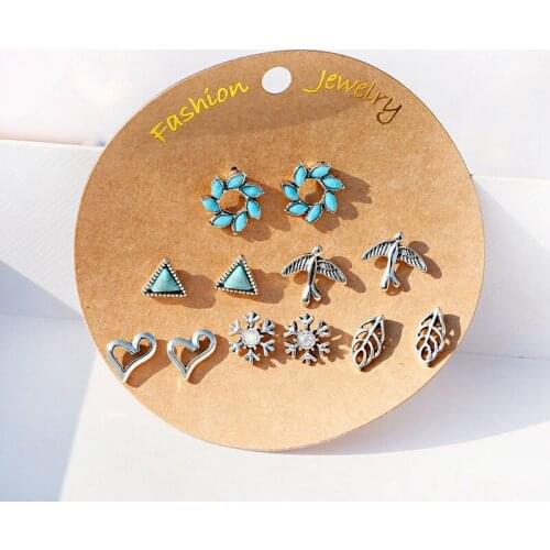 Womens Heart Star Small Stud Earrings Set Fashion Jewelry Leaf Flower Alloy 6-Pairs Earring Sets Lady Mini Jewelry Gift