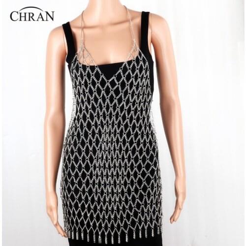 Chran Sexy Fashion Body Mesh Chain Harness Outfit Hollow Chain Halter Bra Lingerie Checker Exotic Dress Showgirl Party Jewelry
