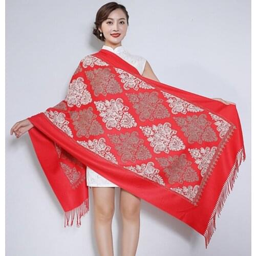 Women Embroider Flower Pashmina Imitation Cashmere Scarf Winter Warm Fine Tassels Blanket Oversize Shawl Fashion Scarves Cape