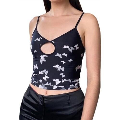 Womens Cutout Crop Cami Tops, Trendy Printed Sleeveless Spaghetti Strap Camisole