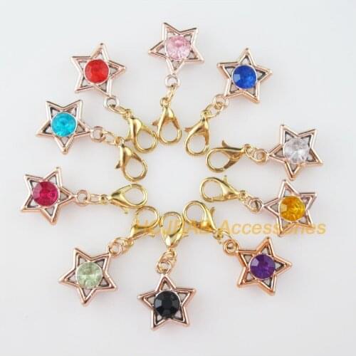 10 New Star Charms With Lobster Claw Clasps KC Gold Plated Retro Mixed Crystal 15x17mm