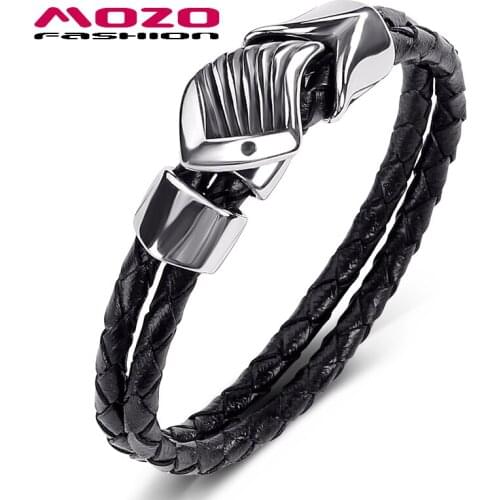 2020 Men Black Double Layer Leather Bangle Stainless Steel Angel Wings Punk Charm Bracelet Jewelry