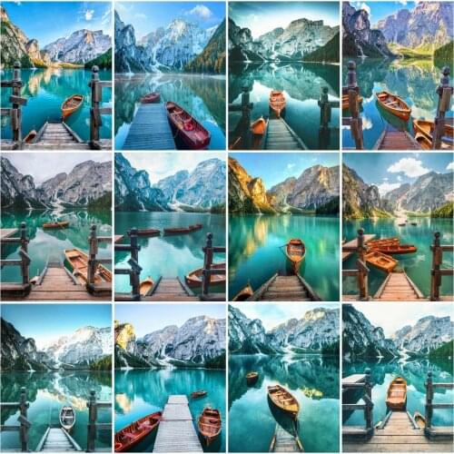 AZQSD Full Square Diamond Painting Boat Lake Cross Stitch Diamond Embroidery Landscape Mosaic Handmade Rhinestone Home Decor