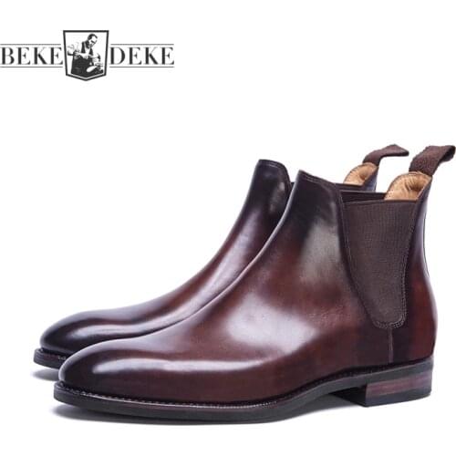British Business Men Cowhide Genuine Leather Chelsea Boots Vintage Office Work Dress Shoes Slip On Motorcycle Biker Ankle Boots
