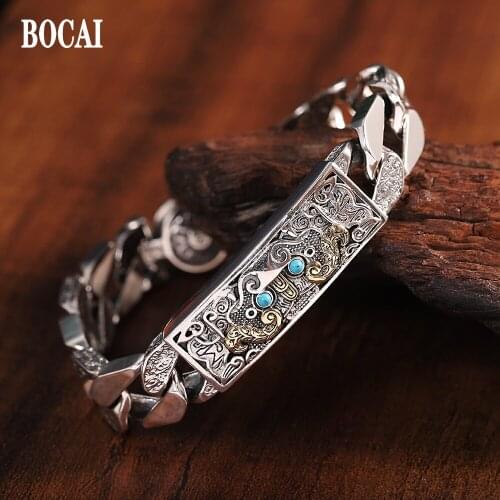 BOCAI New Real s925 Silver Jewelry Vintage Hand-carved Brave Troops 2021 Trendy Fashion Good Luck Mens Bracelet