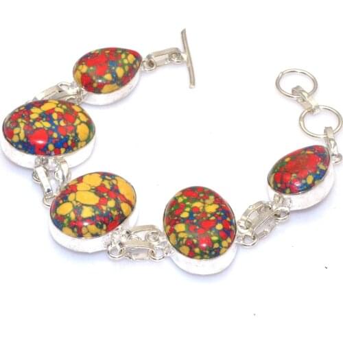 Genuine Mosaic Jasper Bracelet Silver Overlay over Copper , women Jewelry gift 19 cm, B4273