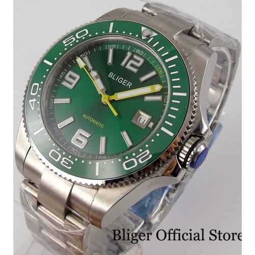 BLIGER Big Green 43mm Automatic Men Watch Sapphire Crystal 21 Jewels MIYOTA 8215 Brushed Bracelet Screwdown Crown