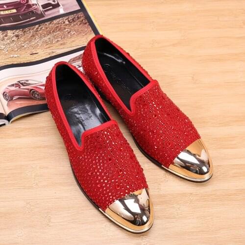 Christia Bella Fashion Rhinestone Men Loafers Metal Toe Cap Party Men Dress Shoes Casual Men Flats Shoes Slip on Smoking Slipper