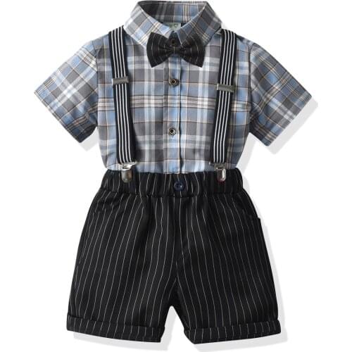 Children 12345 Years Old Summer Boy Gentleman Bow Tie Overalls Fashion Striped Shorts Plaid Short-Sleeved Shirt Birthday Party
