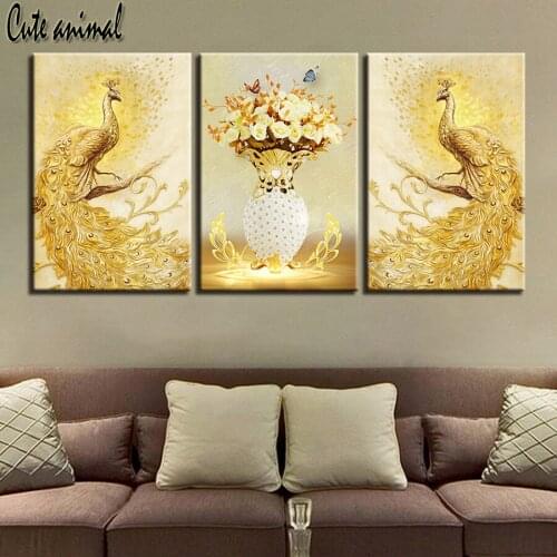 Golden Peacocks And Flowers diy full square round diamond embroidery rhinestones painting 3 pcs 5d diamond mazayka wall art