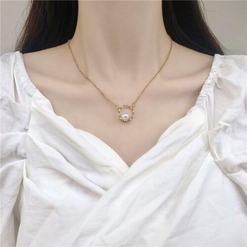 Kawaii Ladies Temperament Pearl Pendant Necklace Korean Noble Round Golden Aesthetic Vintag Party Jewelry Girl Gift Cheap