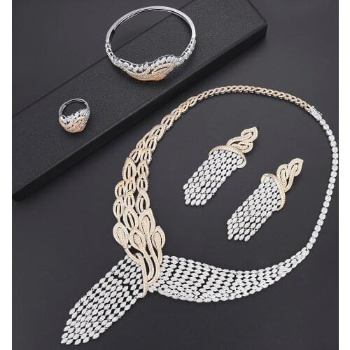 LARRAURI Luxury Tassels Drop Necklace Earring Saudi Arabia Jewelry Sets Mixed Women Wedding Cubic Zirconia Jewellery Addiction