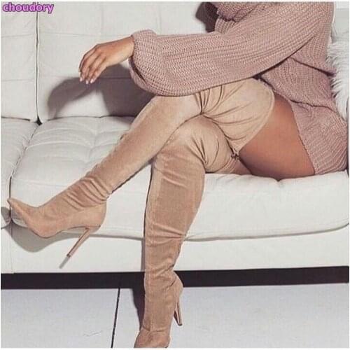 Women Hot Selling Beige Suede Thigh High Boots Pointy Toe Slim Fit Dress High Heel Shoes Over The Knee Fashionable Long Boots