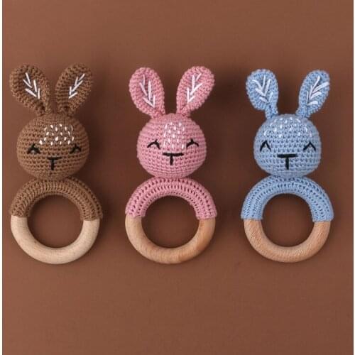 Baby Beech Wooden Teether Mobile Pram Crib Ring DIY Crochet Rattle Bracelet Soother Infants Teething Chewing Molar Toy