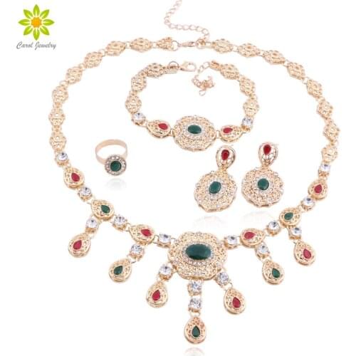 Fashion Dubai Gold Color Jewelry Sets for Women Crystal Necklace Bracelet Earrings Ring Luxury Wedding Engagement Jewelry Set