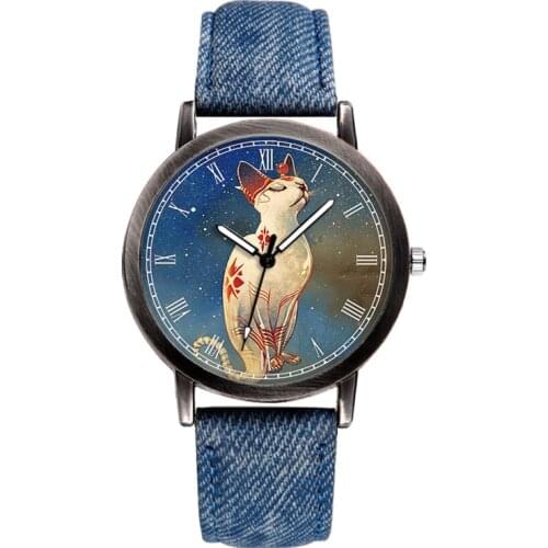 Fashion Ladies watch Cartoons Cat Denim strap watch girl Exquisite Light luxury Star Cat Quartz Watch Ladies watch gift