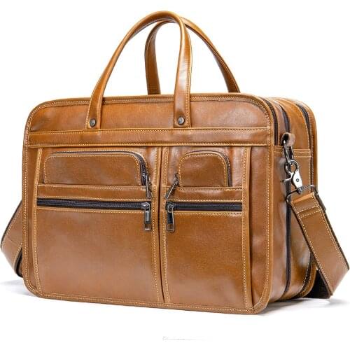 Mens Real-Leather Laptop Bag Full-Grain Leather Mens Briefcase Business Handbag Shoulder/Crossbody Bag Men