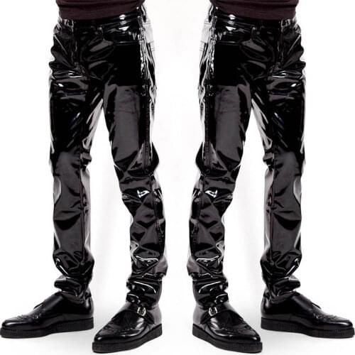 Mens Faux Leather PVC Pants Black PU Leather Shiny Long Pants Motorcycle Ridding Club Dance Party Trousers Males Slim Fit Pants