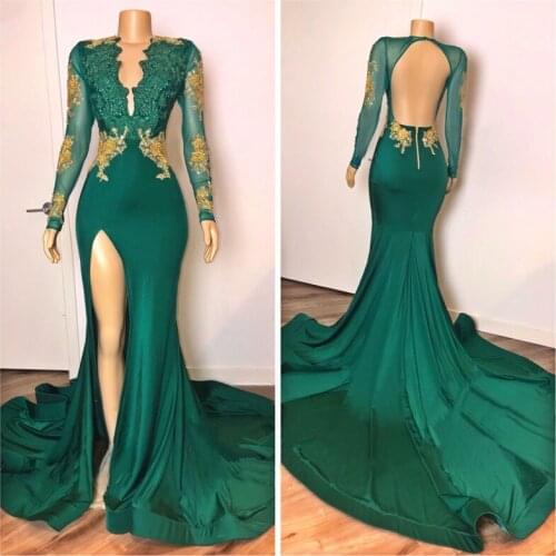 Hunter Green Sexy Side Slit Prom Dress Mermaid Long Sleeves V Neck Cocktail Party Dress robes de cocktail
