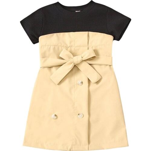 OPPERIAYA Summer Kids Baby Girls Fashion Short Sleeve Patchwork Dress round neck bow Button Stylish Dresses for Children