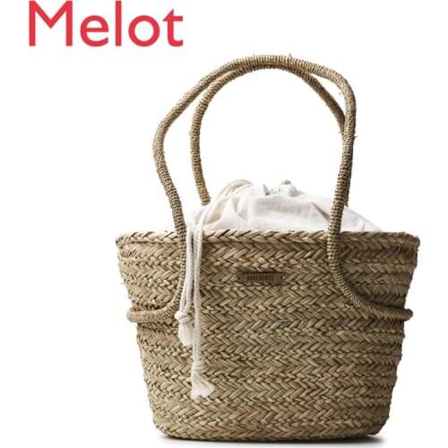 Beibang Portable Handmade Seaweed Knitted Hand Bag Picnic Basket Linen Lining Storage Basket
