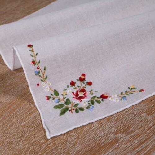 S005-R: Delicate 100% cotton Handmade Embroidered/ hand embroidery red rose handkerchief