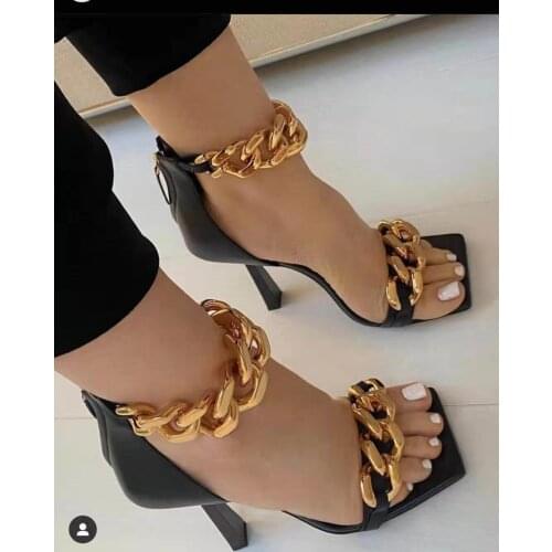 Women Sandals Chain Square Toe Womens Sexy Pumps Ladies Fashion Thin Heels Shoes Female Footwear