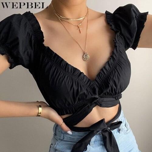 WEPBEL Women Elegant Summer Bandage Crop Top Shirt Ladies Sexy Short Puff Sleeve Deep V Neck Lace Up Short Shirt