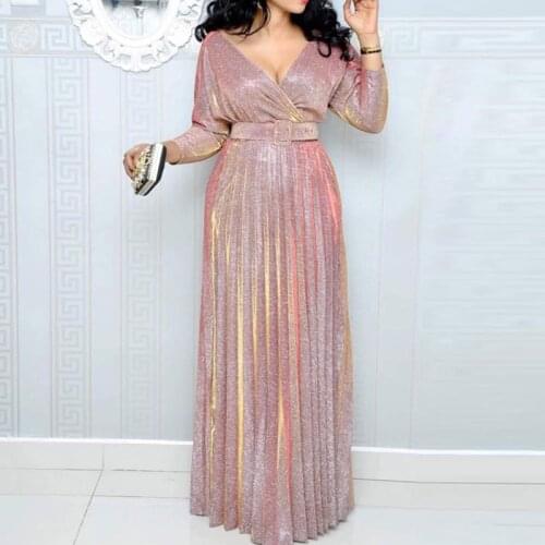 2021 Womens Fashion Long-sleeved Gilt Pleated Large Hem Skirt with Belt Bright Pink Fabric Sexy Deep V-neck Elegant Long Skirt