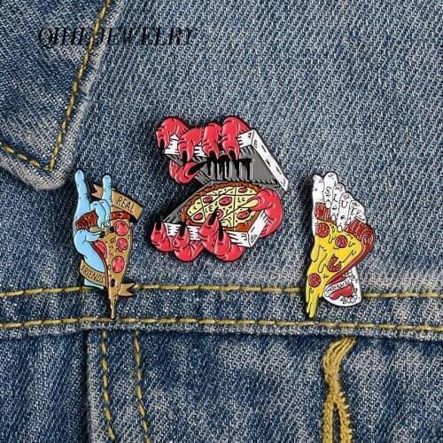 QIHE JEWELRY Devil Hand Pizza Pins Real Friends Enamel Pins Punk Cool Brooches Badges Denim Clothes Bag Pins Gifts for Friends