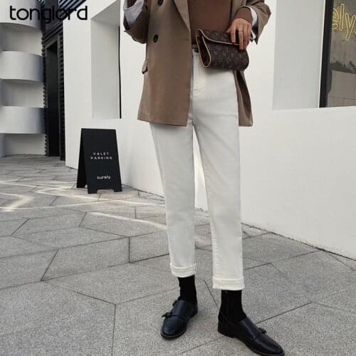 Women White OL Ankle-Length Straight Jeans 2021 Spring Summer High Waist Elastic Elegant Denim Pants Mujer Pantalon New Fashion