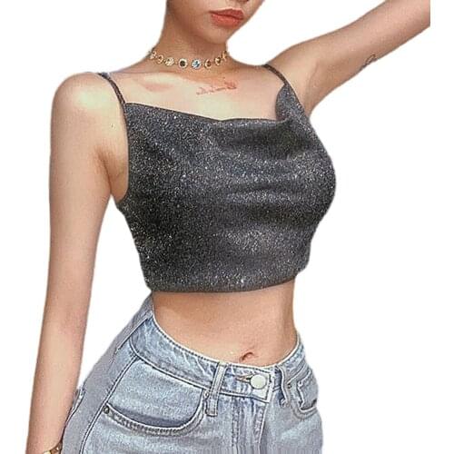 Hirigin 2021 New Women Summer Crop Top Sling Black Shiny Spaghetti Straps Low Cut V-Neck Form-Fitting Tank Top for Ladies